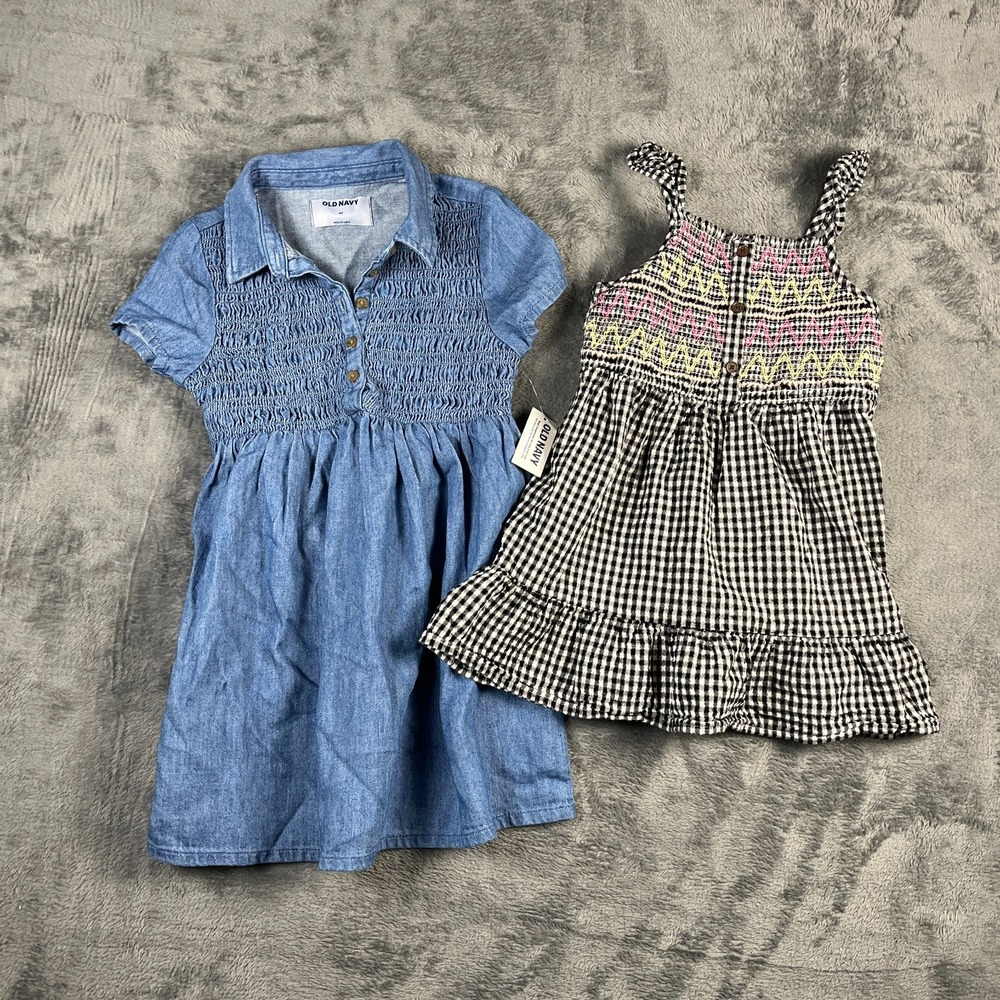 Old Navy Cat & Jack Girls 4T Dress Bundle Denim Smocked Gingham Embroidered 2pc